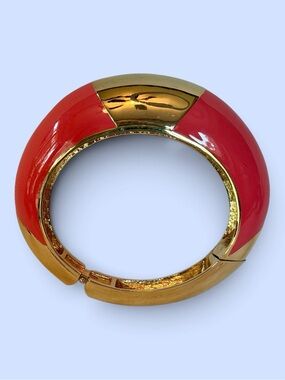 CC SKYE Coral Pink Enamel Gold Tone Hinged Statement Bangle Bracelet Marked